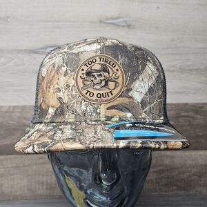 Too TIRED To QUIT Rf Co. Trucker Snapback Hat Realtree Camo Round Patch Skull